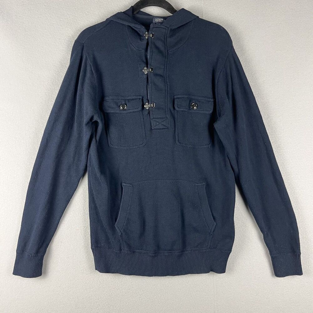 J Crew Hooded Sweater Mens Medium Blue Clasp Buckle Pockets Cotton Pullover